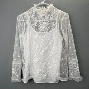 Joie Jaelin Revolve Top XS Porcelain White Lace High Neck Layered Cami Ruffle